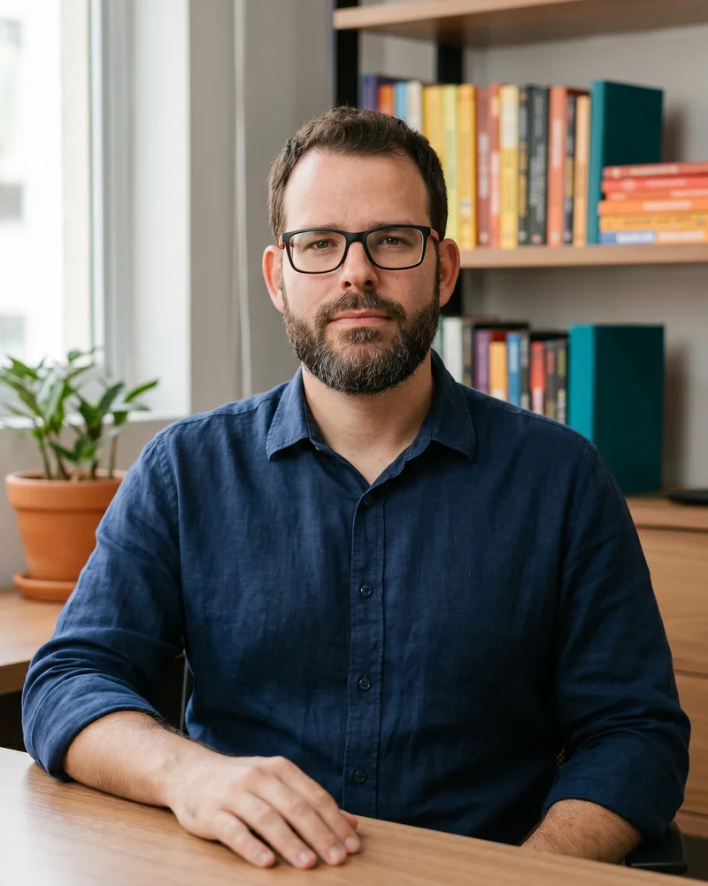 Bruno Piva, fundador da PIVA Educacional, olhando diretamente para a câmera no consultório PIVA em Campo Belo, São Paulo, com estante de livros ao fundo e luz natural da janela