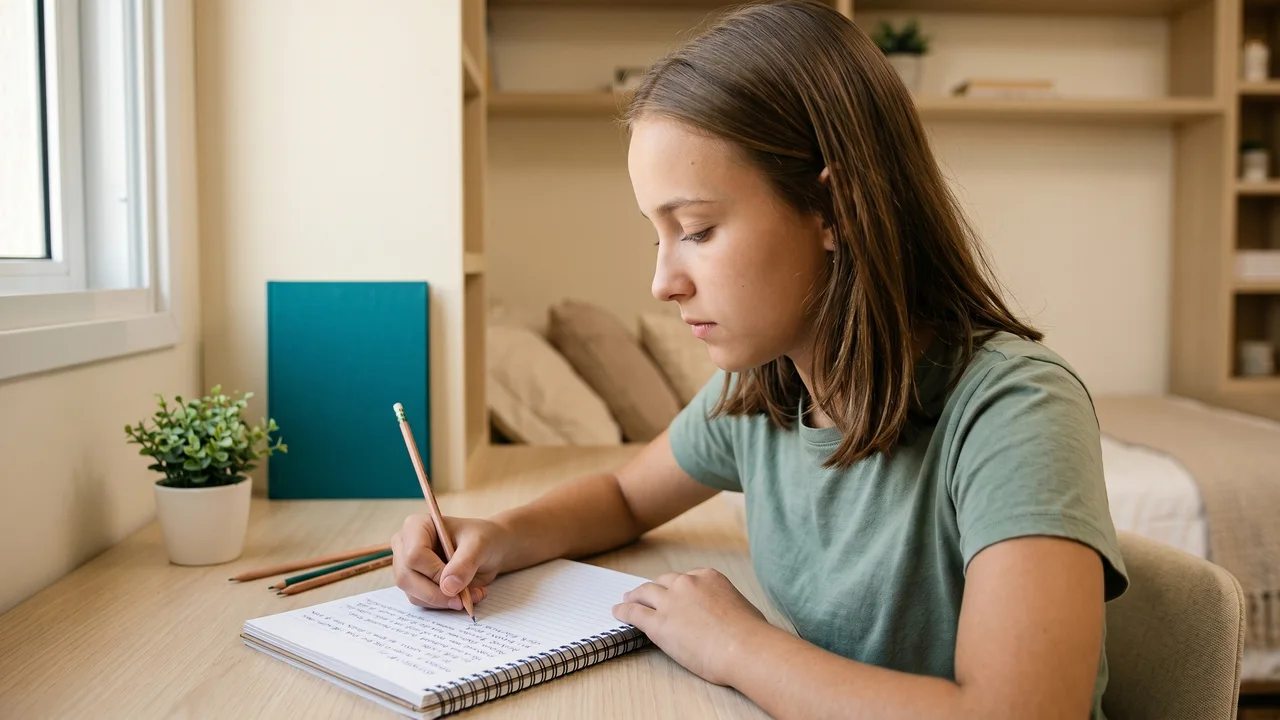 Adolescente brasileira escrevendo concentrada em caderno espiral na escrivaninha de seu quarto, postura ereta e expressão calma de domínio, luz natural da manhã