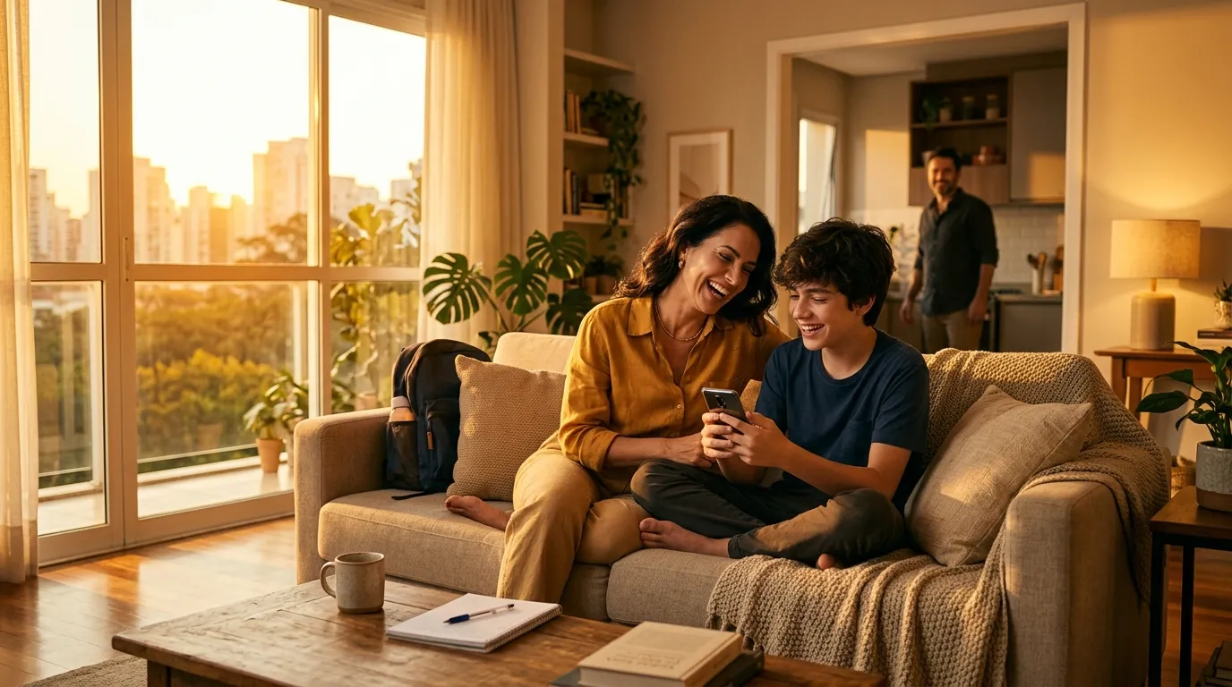 Família feliz no sofá, mãe e filho conversando com leveza e conexão