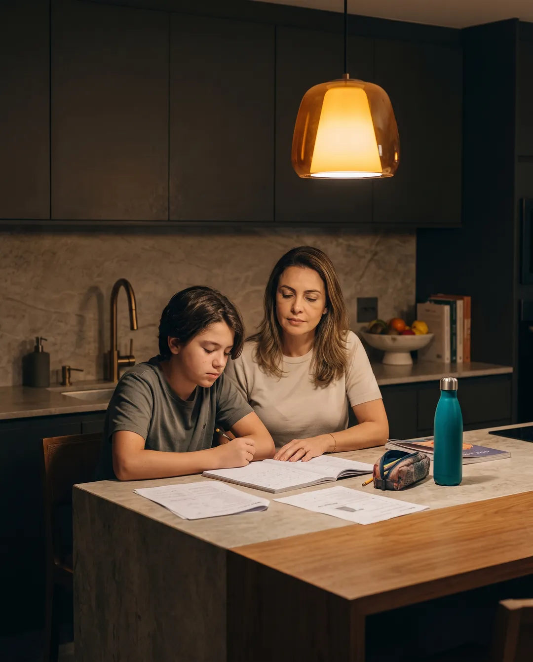 Mãe e filho adolescente estudando juntos à mesa da cozinha à noite